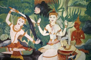 Freskó Wat Ampharamban, Hua Hinben, Thaiföldön. Buddha levágatta a haját, és lemondott korábbi életéről. alkotó: Unbekannt
