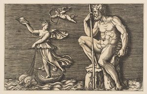 Galatea Polyphemust megszökve egy sziklán ül, kezében egy bottal és csövekkel, és..., kb. 1515-1600. alkotó: Unbekannt