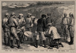 Mihail Dragomirov tábornok megsebesült a Shipka-hágónál vívott csata során, 1878 körül alkotó: Unbekannt