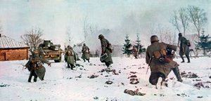 Német gyalogosok egy tank után Moszkva felé a hóban, Oroszország, 1941 alkotó: Unbekannt