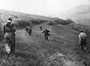 A német csapatok megadják magukat az 1. amerikai hadsereg katonáinak a németországi Elsborn közelében, 1945. április alkotó: Unbekannt