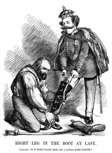 Giuseppe Garibaldi segített II. Viktor Emmánuelnek felvenni Olaszország csizmáját, 1860 alkotó: Unbekannt