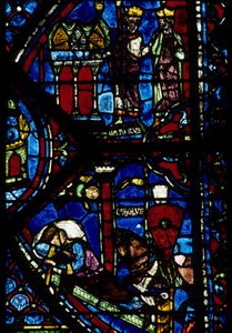 Gótikus építészet. Histoire de Charlemagne (részlet): Charlemagne (742-814) 3 vadászatot kap (magas) és Konstantin látomása (én, bizánci császár). Az északi ambuláns ólomüveg, abszidiális. Chartres-i katedrális. alkotó: Unbekannt