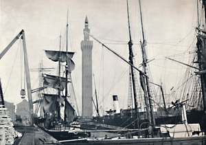 Grimsby – Kilátás a dokkra, a hidraulikus toronnyal, 1895 alkotó: Unbekannt