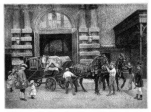 A fekete lovak behajtása a Royal Mews-ben, a Buckingham-palota, London, 1888 alkotó: Unbekannt