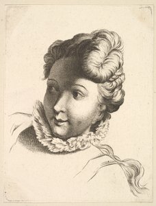 Ruffot viselő nő feje, Livre de Têtes Gravées dapres F. Boucher et ..., 18. század. alkotó: Unbekannt