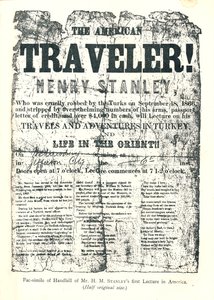 Henry M. Stanley, Handbill a Lecture Tour-ról Amerikában, 31 évesen fedezte fel Dr. Livingstone-t Afrikában alkotó: Unbekannt
