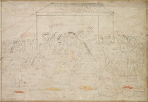 Hindu Isten Krishna női ruhába öltözött a Holi Tavaszi Fesztiválra, c. 1790. alkotó: Unbekannt