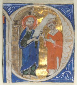 Történelmi kezdeti, kivágott Bibliából: Szent Pál és egy klerikus, 1200-as évek. alkotó: Unbekannt