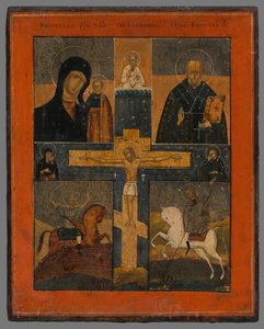 Ikon-keresztre feszítés Kazany anyjával, Szent Miklóssal, Szent Györggyel és Dimitrijével alkotó: Unbekannt