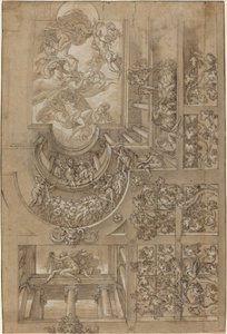 Illuzionisztikus mennyezet szőlőlugasszal, galériákon álló figurákkal és központi..., c. 1570158 alkotó: Unbekannt