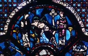 Pap és levita által figyelmen kívül hagyott sérült zarándok, ólomüveg, Chartres-i katedrális, Franciaország, 1205-1215 alkotó: Unbekannt