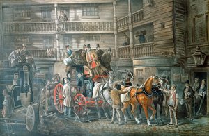 Fogadó udvar indulni készülő postakocsival, c1840 alkotó: Unbekannt