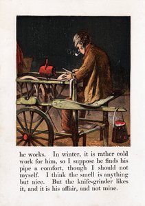 Vándorkés köszörű, penge élezése csiszolókorong forgatásával taposóval, c1867 alkotó: Unbekannt