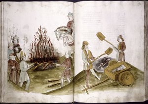 Hus Jánost máglyán égetik el 1415. július 6-án, és hamvait a Rajnába dobják: Ulrich Richental Krónika, 1414-1418 alkotó: Unbekannt