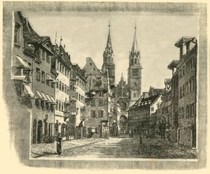 Karolinen-Strasse és Szent Lőrinc-templom, Nürnberg, 1890. alkotó: Unbekannt
