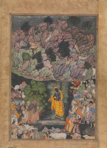 Krishna feltartja a Govardhan-hegyet, hogy menedéket nyújtson Braj falusi lakosainak, kb. 1590-95. alkotó: Unbekannt