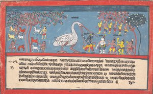 Krishna megöli Bakasurát, a daru démont..., egy szétszórt Bhagavata Puránából..., 1800-1825. alkotó: Unbekannt