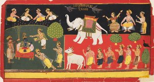 Krsna, akit Indra tisztelt, fehér elefánton érkezik, 1720 alkotó: Unbekannt