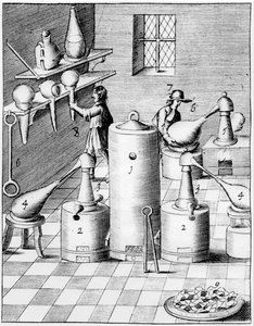 Laboratórium arany és ezüst finomítására tipikus laboratóriumi felszerelésekkel, 1683 alkotó: Unbekannt