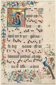 Levél egy antifonáriumból: H kezdőbetűvel a betlehemes recto és szöveg verso, c. 1480. alkotó: Unbekannt
