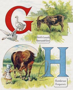 G és H betű: Jó kacsák, mohó kecske, merészség és Haquenee. Metszet "ABC L