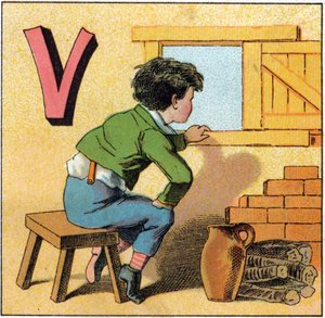 V betű, mint vasistas. Kíváncsi gyerek néz ki az ablakon. Metszet „Alphabet des petits ecoliers” felirattal. Az Epinal képalkotása, 1885 körül. Privee Collection alkotó: Unbekannt