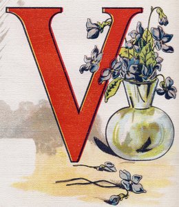 V betű: váza ibolyával. Metszet "ABC L