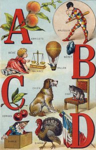 A B C D betűk; Sárgabarack; Paprikajancsi; Egyensúly; Ballon; Bebe; Cseresznye; Macskaszék; Kutya; Takaró; Ördög; Pulyka; Zászló. Metszet "Alphabet de ma petite fille". Bernardin-Bechet és Fils, könyvkereskedő-kiadók, Párizs, 1895 körül. Törhetetlen album  alkotó: Unbekannt