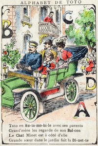 Betűk A B C D Autó Erkély Macska étkező. "Alphabet de Toto" metszet, 19. század vége. Pont-a-Mousson képalkotás. Louis Vagne, nyomdász-kiadó. 12 oldal. Reklámalbum, amely egy illusztris apát és egy egyszerűsített olvasási módszert tartalmaz. Homályos: alkotó: Unbekannt