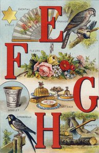E F G H betűk; Nyel; Ventilátor; Virágok; Sütemények; Csésze; Hachette; Nyel. Metszet "Alphabet de ma petite fille". Bernardin-Bechet és Fils, könyvkereskedő-kiadók, Párizs, 1895 körül. Törhetetlen album vásznon. Bibliotheque des Bebes. 12 oldal. Album co alkotó: Unbekannt