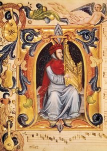 Lettrina férfival és orgonával a Codex Squarcialupi partitúrájával kezdődően (Antonio Squarcialupi alkotó: Unbekannt