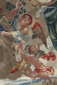 A Szűz élete: „A Szűz koronázása”” (A Szűz megkoronázása) Angyalok részlete Pierre Damour műhelyében készült gyapjú és selyem kárpit Charles Poerson (1609-1667) rajzaiból alkotó: Unbekannt