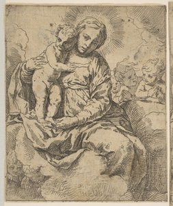 Madonna és Gyermek a felhőkön ülve, angyalokkal körülvéve, a másolat hátoldalán a..., 1639 körül vagy utána. alkotó: Unbekannt