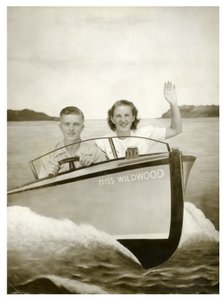 Férfi és nő a "Miss Wildwood" nevű csónakban 1940 körül (fotó) alkotó: Unbekannt