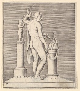Ember fáklyával a lángoló oltár és a szobor között, megjelent kb. 1599-1622. alkotó: Unbekannt