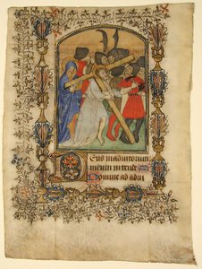 Kéziratos levél egy Órakönyvből... Megvilágított D kezdőbetű és keresztet hordozó Krisztus, 1390-140 alkotó: Unbekannt