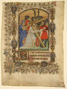 Kéziratos levél egy Órakönyvből... Megvilágított D kezdőbetű és keresztet hordozó Krisztus, 1390-140 alkotó: Unbekannt