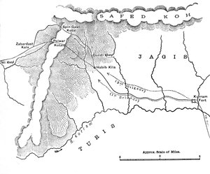 A térképen Roberts tábornok menete Peiwar Kotalba 1878. november 28. és december 1. között, 1880. alkotó: Unbekannt