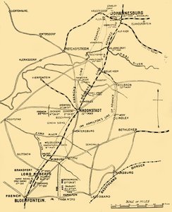 Térkép, amely az előrehaladási vonalakat mutatja Bloemfontein és Pretoria között, 1901. alkotó: Unbekannt