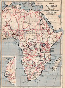 Afrika térképe 1891-ben, amelyen a felfedezők útvonalai láthatók alkotó: Unbekannt