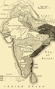India térképe, amely a brit birtokokat mutatja 1780-ban, 1800-ban és a jelen időben, 1890-ben. alkotó: Unbekannt