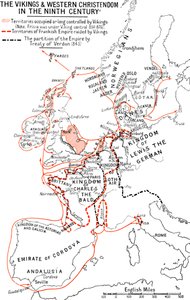 A vikingek és a nyugati kereszténység térképe a kilencedik században, 1935 alkotó: Unbekannt