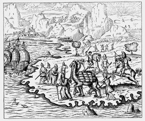 A partra árut szállító kereskedők és tevével várakozó hajó, 1575 alkotó: Unbekannt