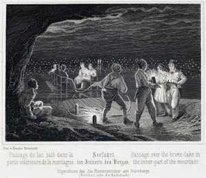 Sóbánya: a Sóstó átkelése a hegy belsejében, 1850 körül, Durrnbergben, Ausztriában alkotó: Unbekannt