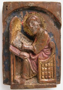Szent Lukács miniatűr domborműve az íróasztalánál, 1200-1225. alkotó: Unbekannt