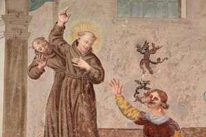 Saorge kolostor 18. századi freskó, amely Assisi Szent Ferenc életét ábrázolja, Saorge, Franciaország alkotó: Unbekannt