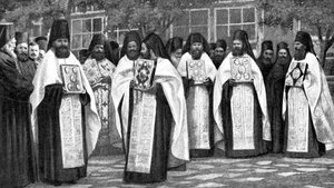 A görög templom szerzetesei a liturgia köteteivel, Görögország, 1922 alkotó: Unbekannt