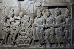 Indiai Nemzeti Múzeum, Delhi. Buddha életjelenetei. Ikshvaku, Kr.u. 3. század Nagarjunakonda, Andhra Pradesh. Szürkés mészkő. Részlet. India. alkotó: Unbekannt
