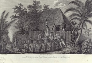 A hawaii Sandwich-szigetek bennszülöttjei sertést vágnak Cook kapitány előtt, 1778 alkotó: Unbekannt